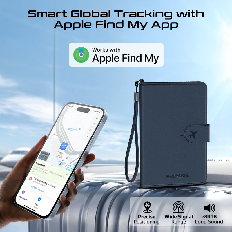 Promate Anti-Loss Slim Leather Passport Holder with RFID Protection & Smart Tracking, RFID Protected,Blue