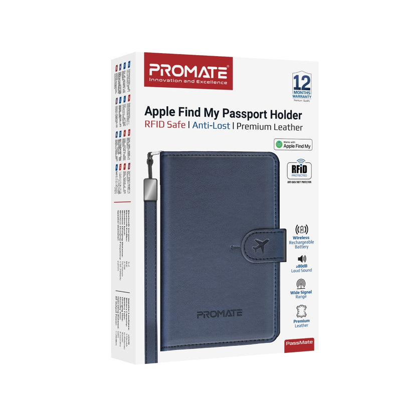 Promate Anti-Loss Slim Leather Passport Holder with RFID Protection & Smart Tracking, RFID Protected,Blue