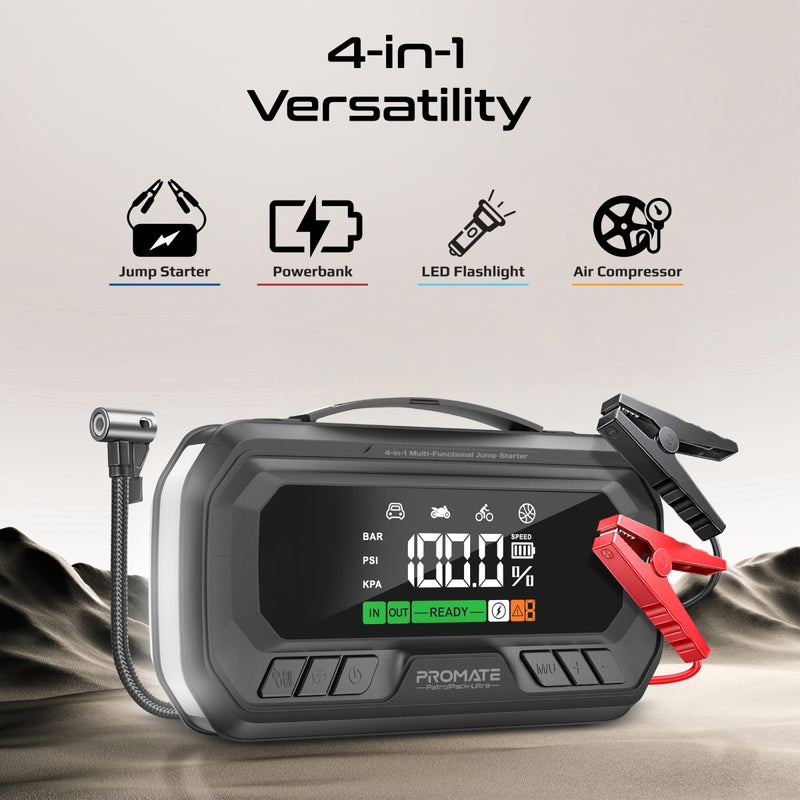 PROMATE 3000A/12V High-Capacity Jump Starter 150PSI Air Compressor with 16000mAh Power bank & Flashlight