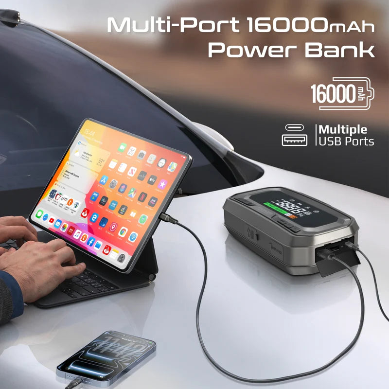 PROMATE 3000A/12V High-Capacity Jump Starter 150PSI Air Compressor with 16000mAh Power bank & Flashlight