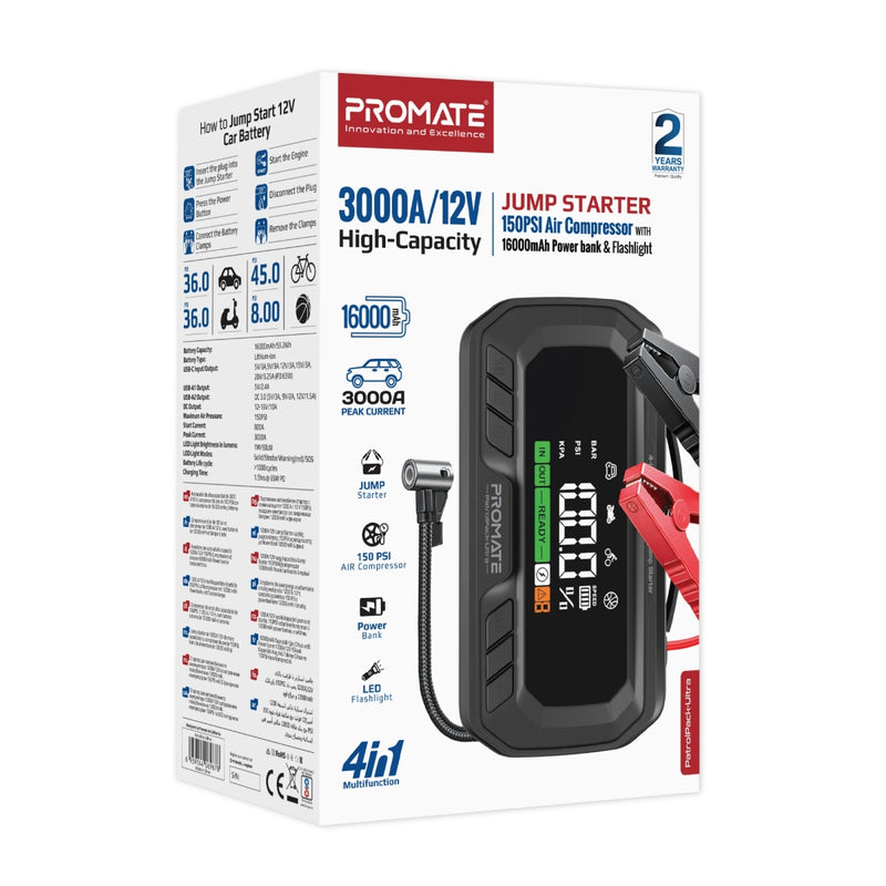 PROMATE 3000A/12V High-Capacity Jump Starter 150PSI Air Compressor with 16000mAh Power bank & Flashlight