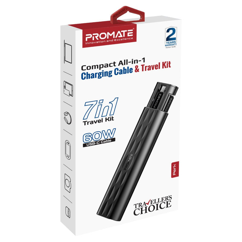 Promate Compact All in 1 Charging Cable and Travel Kit ,USB-C to Lightning, USB-A, Micro-USB Adaptors,Black
