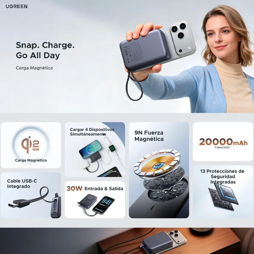 UGREEN Magnetic Wireless Power Bank 20000mAh 30W 1C+15W Space GrayQI2