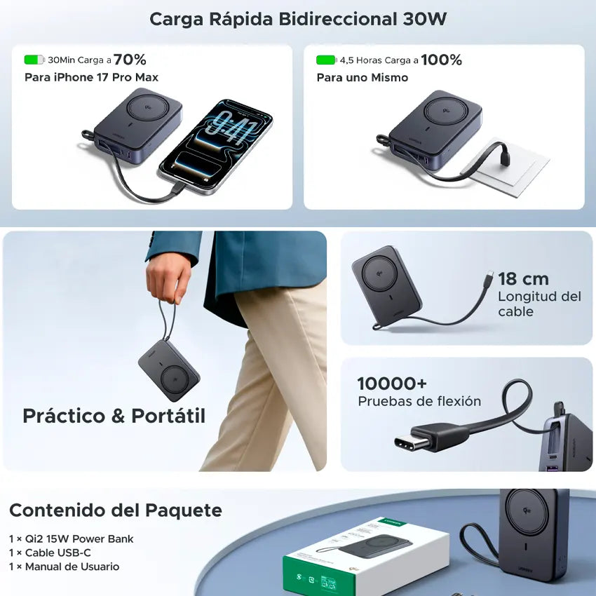 UGREEN Magnetic Wireless Power Bank 20000mAh 30W 1C+15W Space GrayQI2