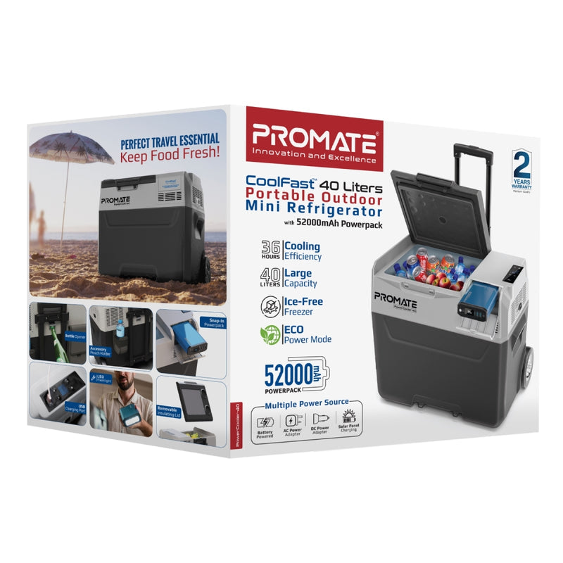 Promate CoolFast 40 Liters Portable Outdoor Mini Refrigerator with 52000mAh Powerpack , 40L Capacity ,Gray