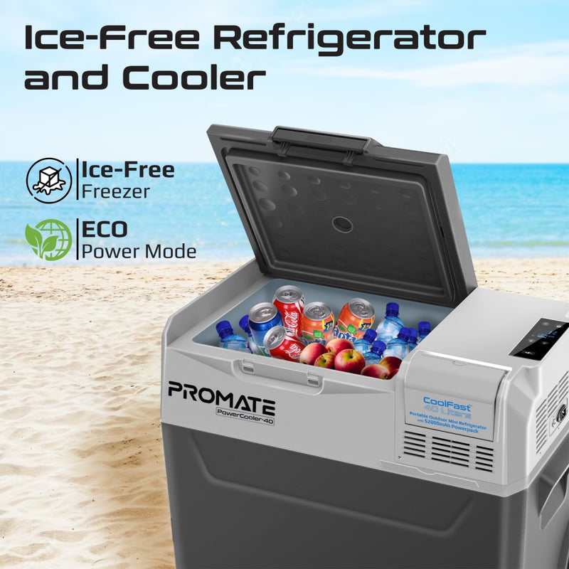 Promate CoolFast 40 Liters Portable Outdoor Mini Refrigerator with 52000mAh Powerpack , 40L Capacity ,Gray