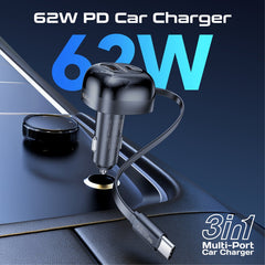 شاحن سيارة متعدد المنافذ بقدرة 62 واط مع كابل USB-C قابل للسحب