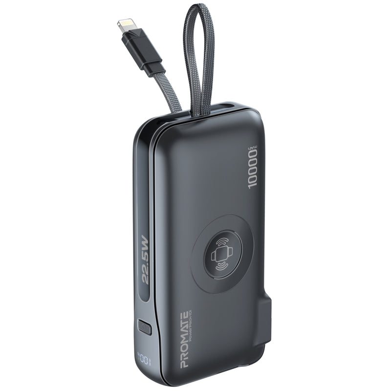 Promate 10000mAh Power Bank ,20W Power Delivery ,  Built-in Lightning Cable ,BLACK