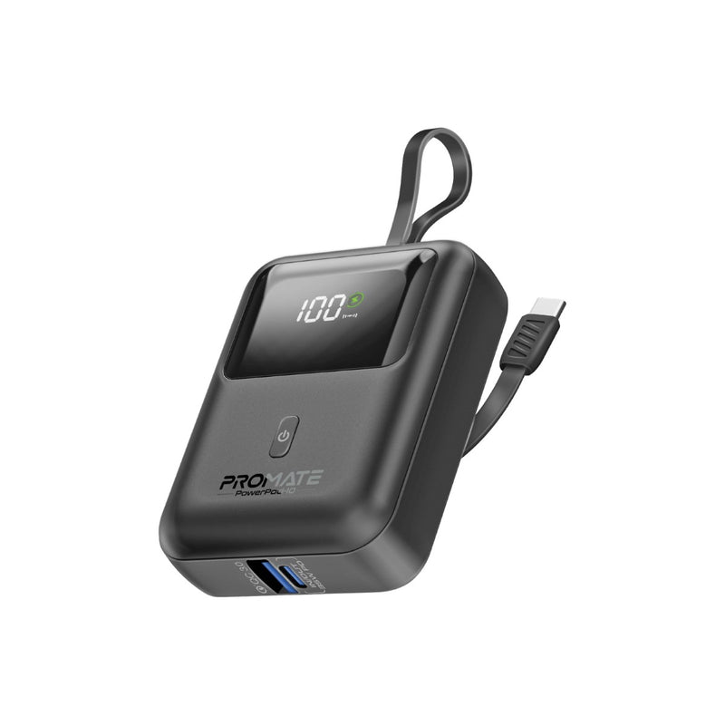 Promate-10000mAh Ultra Compact 35W SuperSpeed™ Power Bank with Built-In USB-C Cable,Black