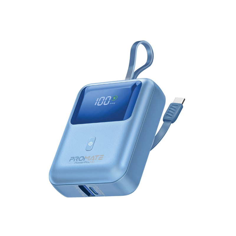 Promate-10000mAh Ultra Compact 35W SuperSpeed™ Power Bank with Built-In USB-C Cable ,Blue