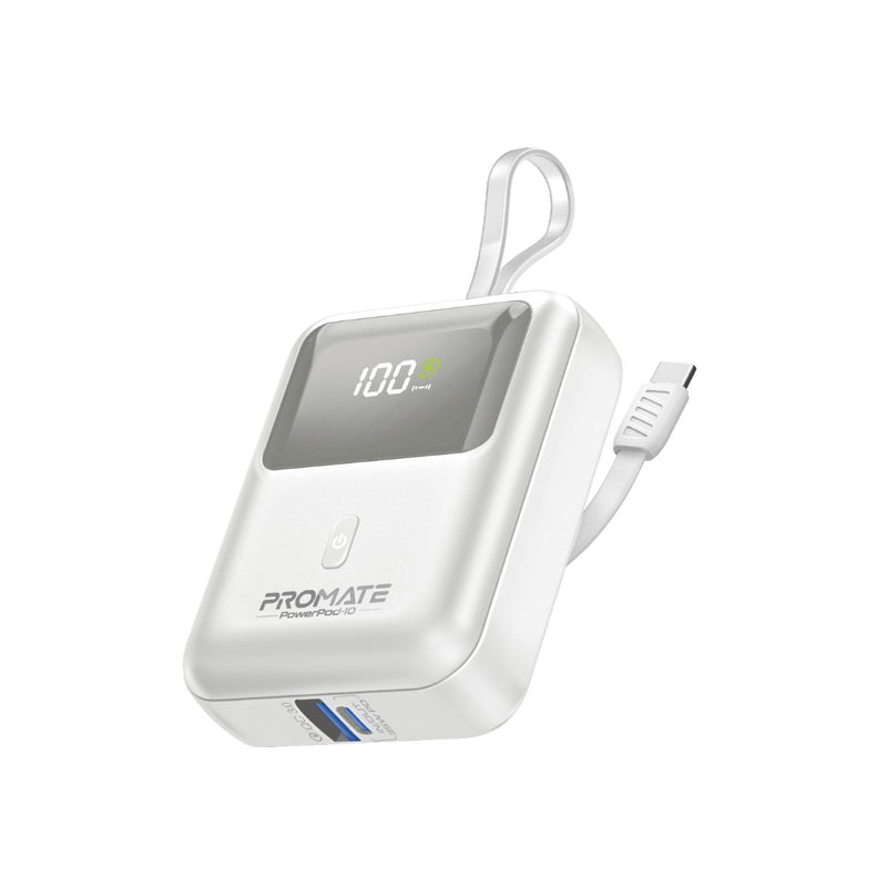 Promate-10000mAh Ultra Compact 35W SuperSpeed™ Power Bank with Built-In USB-C Cable ,White