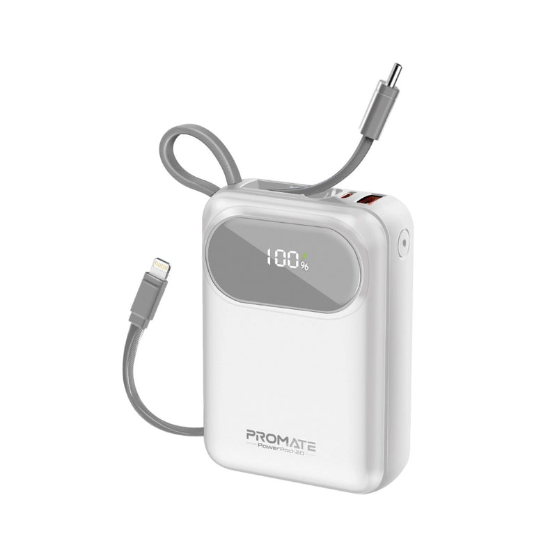 Promate-20000mAh Ultra Compact 35W SuperSpeed™ Power Bank with Built-In USB-C & Lightning Cable,White