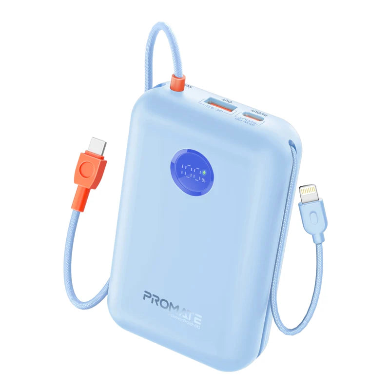 Promate 30000mAh Compact Power Bank with Built-In USB-C & Lightning Cable