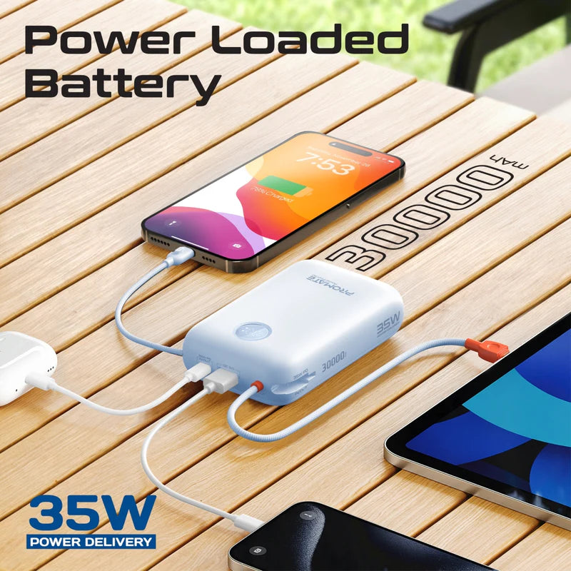 Promate 30000mAh Compact Power Bank with Built-In USB-C & Lightning Cable