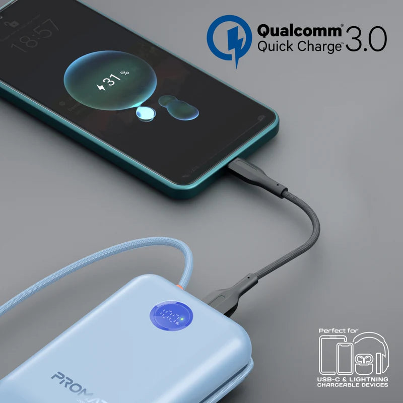 Promate 30000mAh Compact Power Bank with Built-In USB-C & Lightning Cable