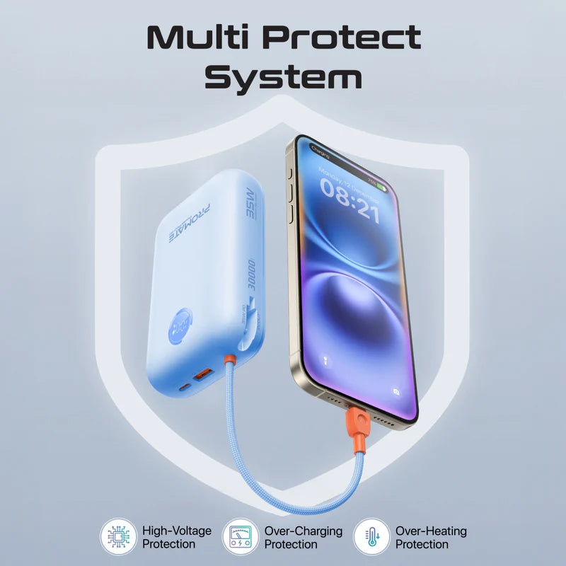 Promate 30000mAh Compact Power Bank with Built-In USB-C & Lightning Cable