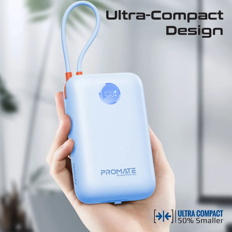 Promate 30000mAh Compact Power Bank with Built-In USB-C & Lightning Cable