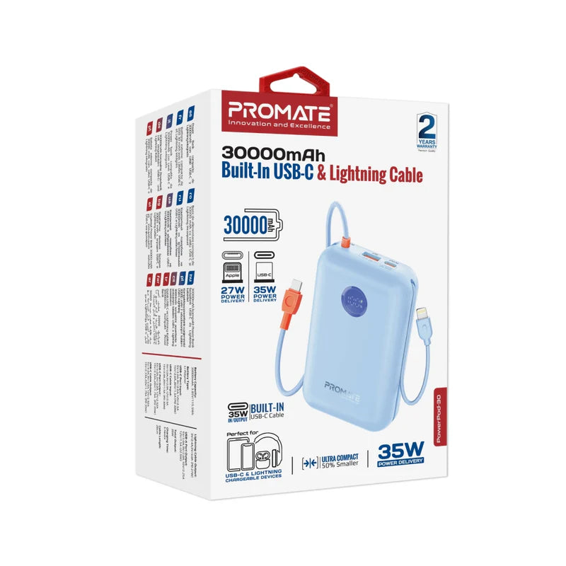 Promate 30000mAh Compact Power Bank with Built-In USB-C & Lightning Cable