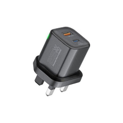 Promate - Ultra-Fast Dual Port AC Charger with 25W Power Delivery and QC 3.0,BLACK