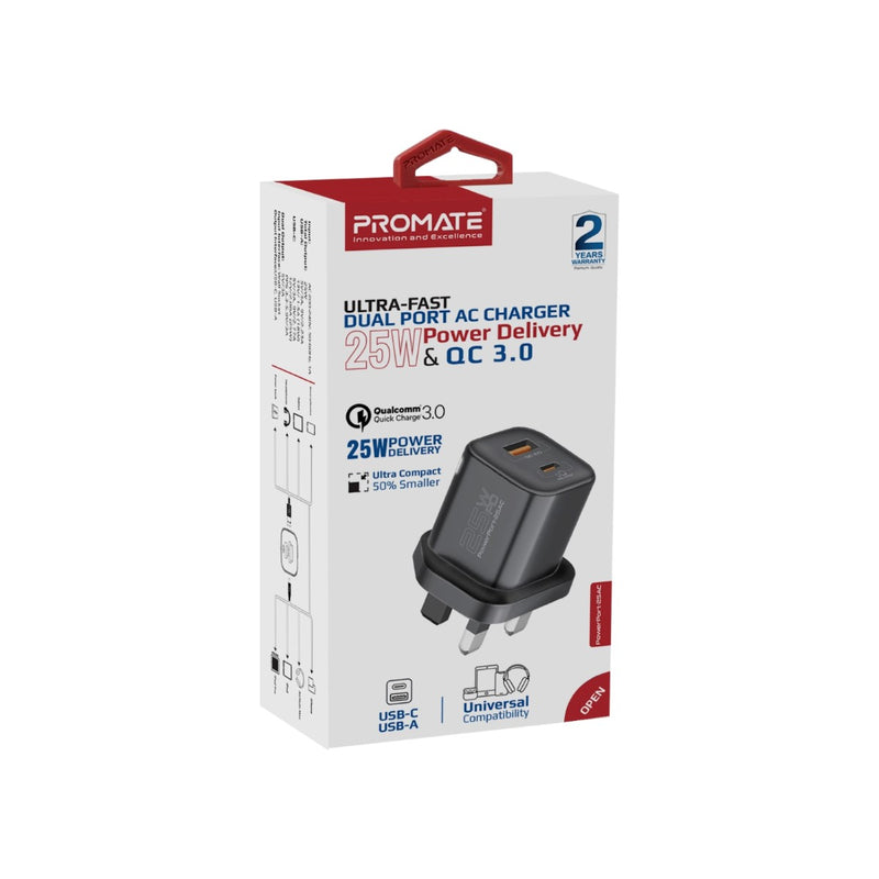 Promate - Ultra-Fast Dual Port AC Charger with 25W Power Delivery and QC 3.0,BLACK