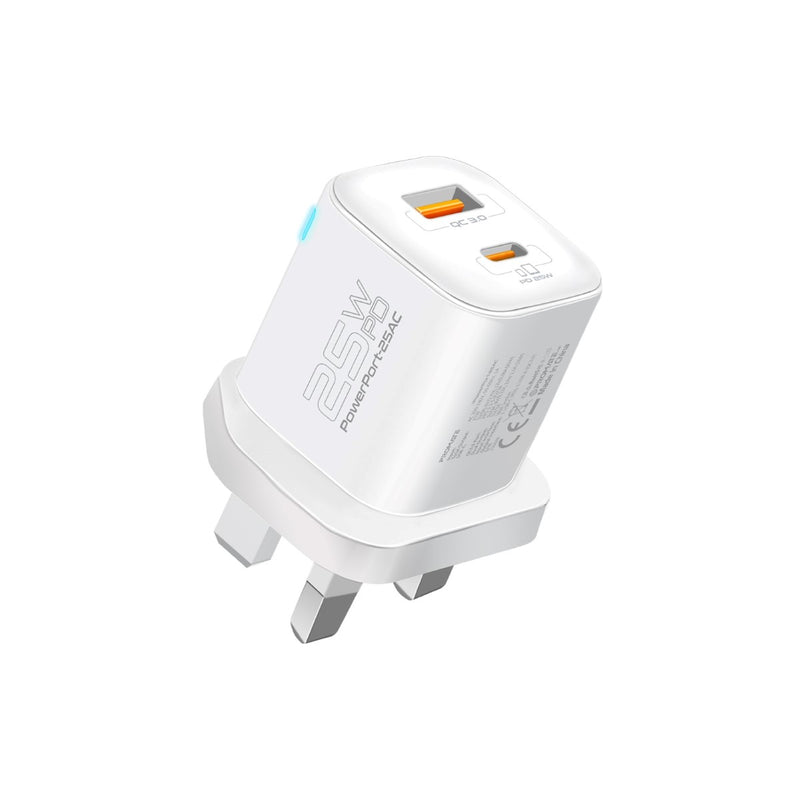 Promate - Ultra-Fast Dual Port AC Charger with 25W Power Delivery and QC 3.0,White