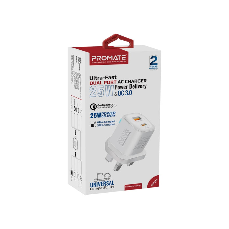 Promate - Ultra-Fast Dual Port AC Charger with 25W Power Delivery and QC 3.0,White