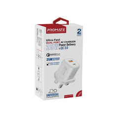 Promate - Ultra-Fast Dual Port AC Charger with 25W Power Delivery and QC 3.0,White