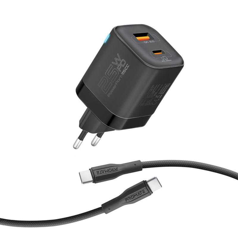 Promate - 25W Power Delivery Dual Port Adapter Combo with 60W USB-C Cable ,BLACK