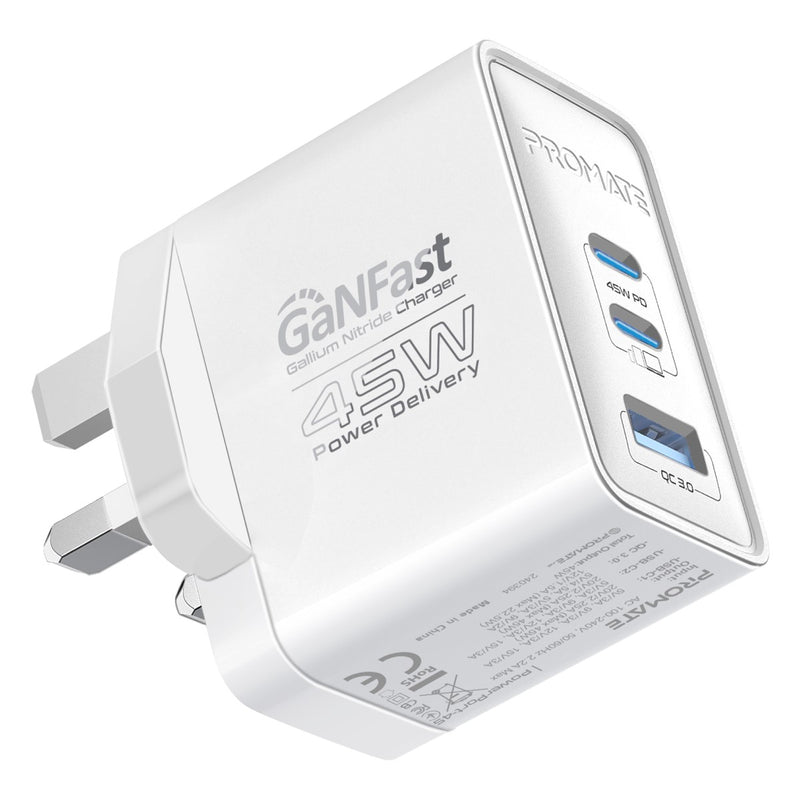 Promate 45W Power Delivery GaNFast Charger with Quick Charge 3.0