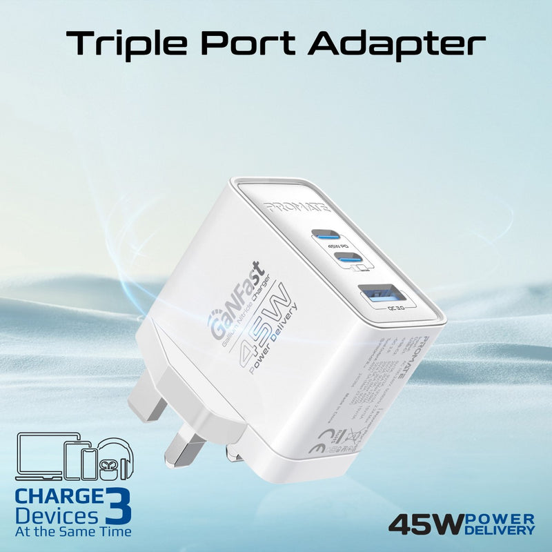 Promate 45W Power Delivery GaNFast Charger with Quick Charge 3.0