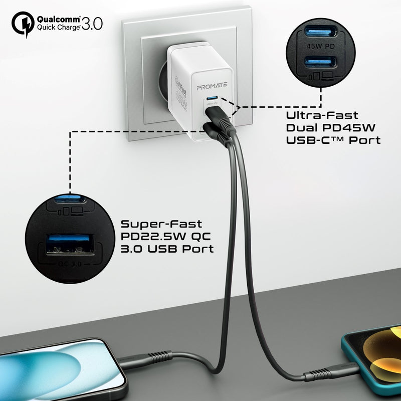 Promate 45W Power Delivery GaNFast Charger with Quick Charge 3.0