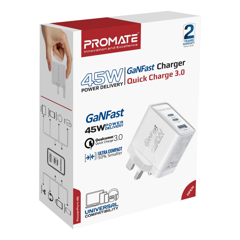 Promate 45W Power Delivery GaNFast Charger with Quick Charge 3.0