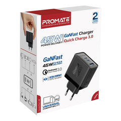 Promate - 45W Power Delivery GaNFast™ Charging Adapter , 2 x 45W USB-C PD Ports,BLACK