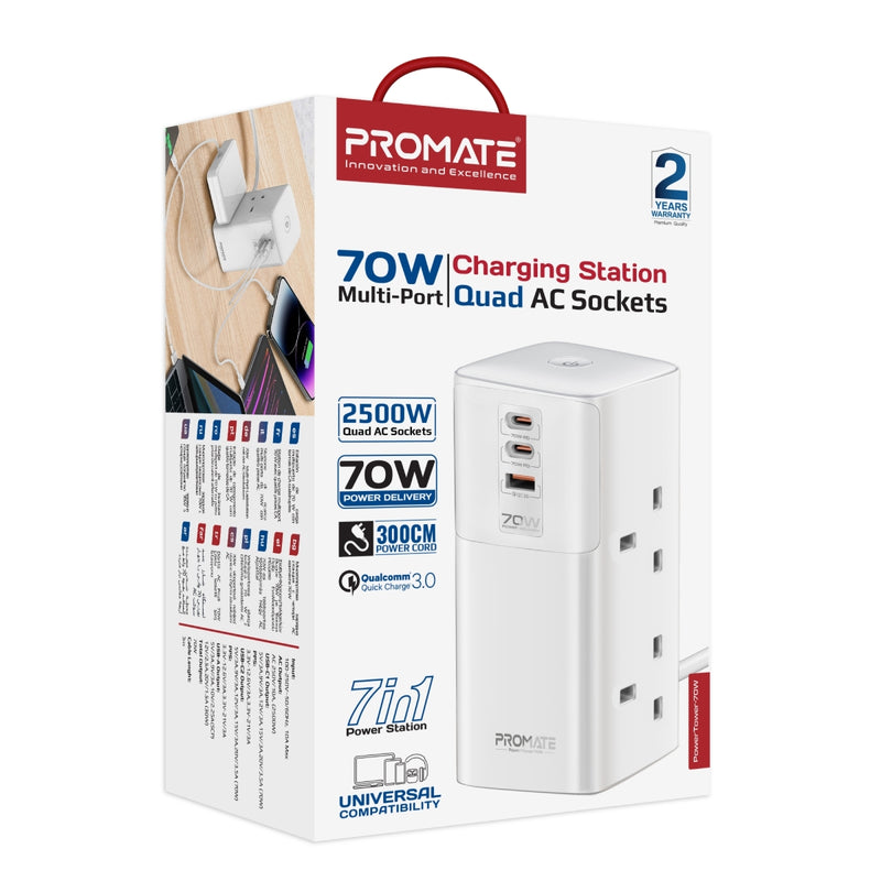Promate - 70W Multi-Port Charging Station with Quad AC Socket,White