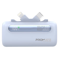 Promate 5000mAh Ultra-Compact fast charging Power Bank with Dual Folding USB-C & Lightning Connector,Blue