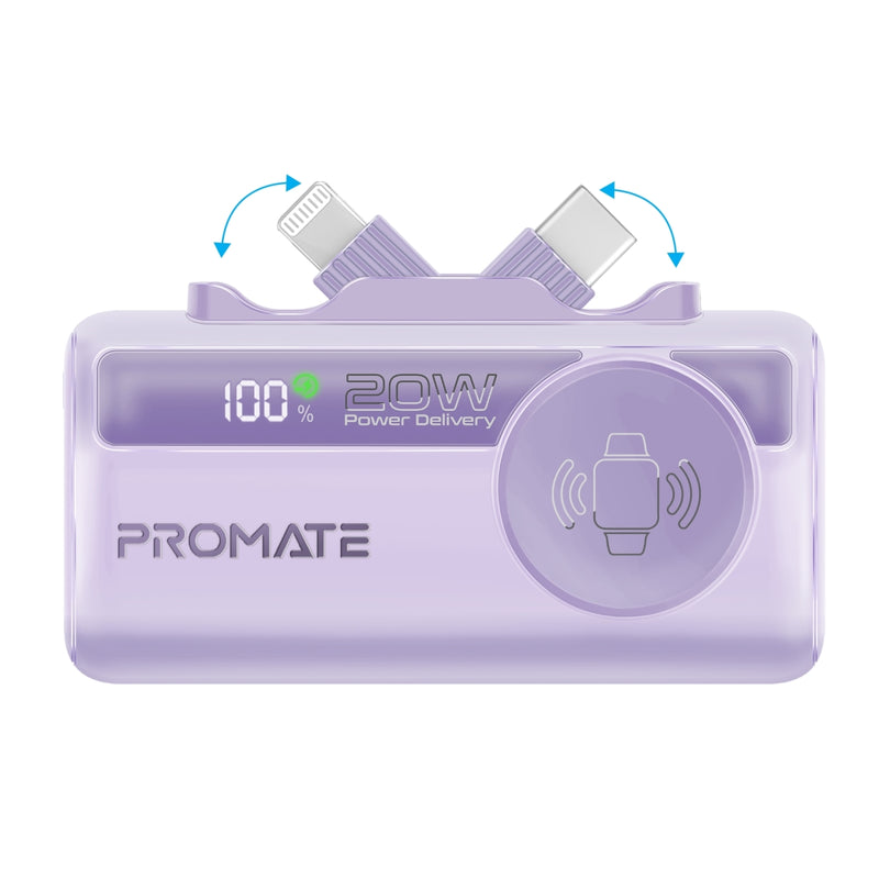 Promate 5000mAh Ultra-Compact fast charging Power Bank with Dual Folding USB-C & Lightning Connector  &  Apple Watch Charge,purple