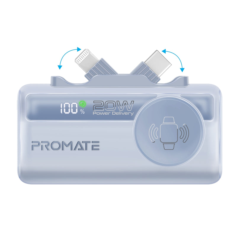 Promate 5000mAh Ultra-Compact fast charging Power Bank with Dual Folding USB-C & Lightning Connector  &  Apple Watch Charge,Blue