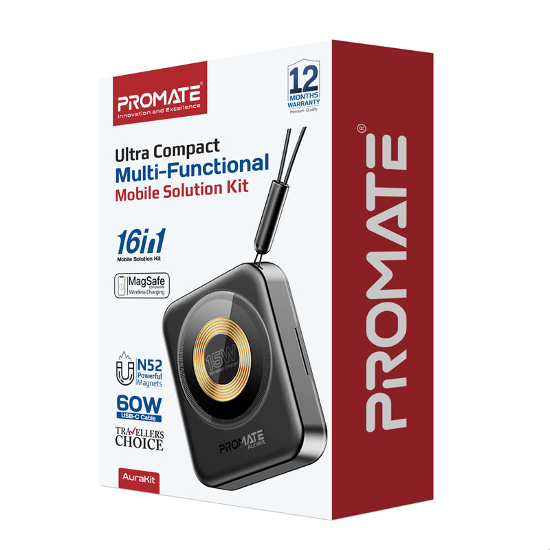 Promate 16-in-1 Ultra Compack Multi-Functional Mobile Solution Kit , 15W MagSafe Compatible Wireless Charger Storage Case,Black