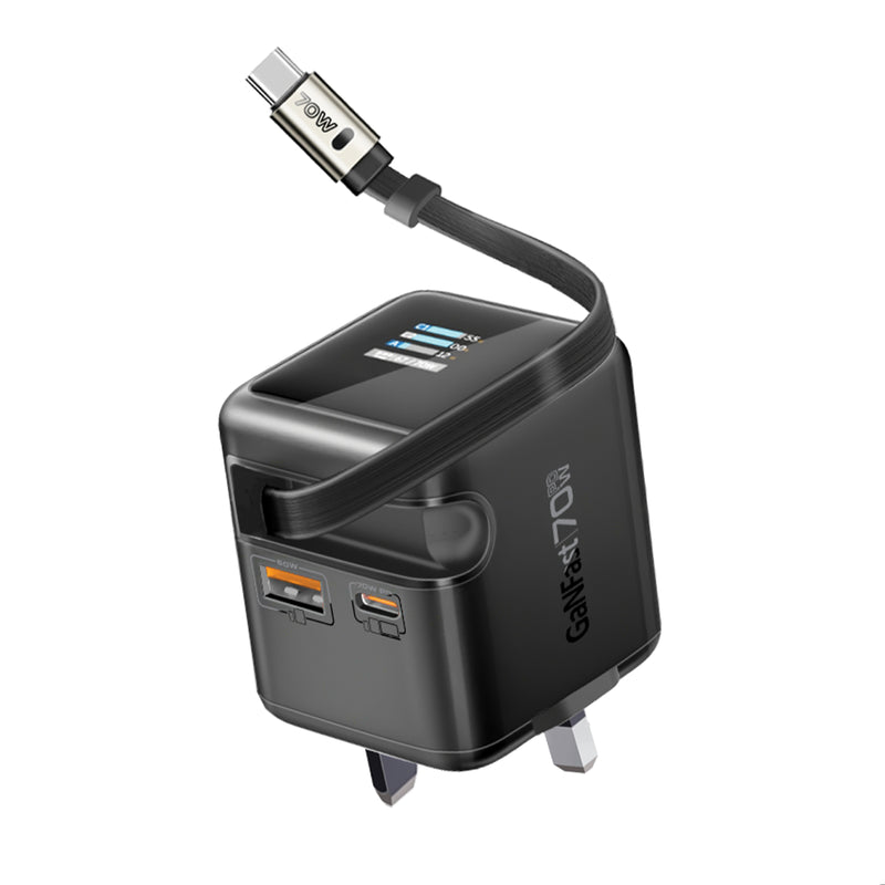 Promate 70W GaNFast™ Wall Charger w/ Retractable USB-C Cable,BLACK