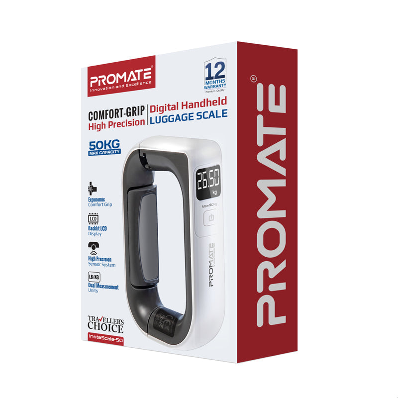 PROMATE Comfort-Grip High Precision Digital Handheld Luggage Scale,White