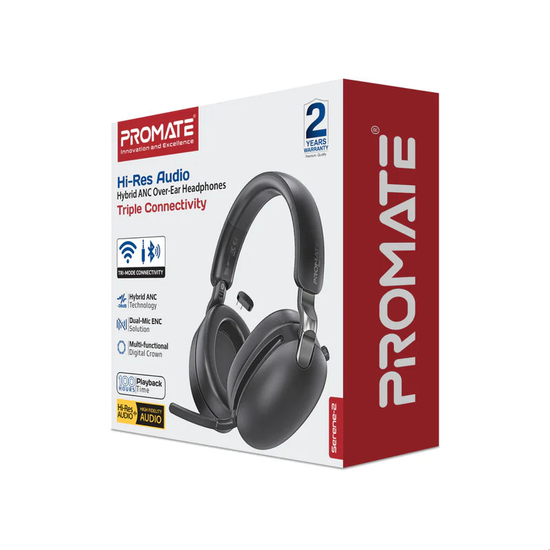 Promate Hi-Res Audio Hybrid-ANC Over-Ear Headphones with Triple Connectivity,Black