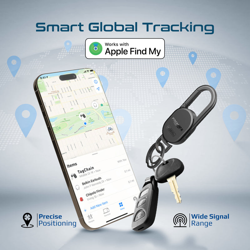 Promate Smart Carabiner Keychain w/ Apple Find My Precision Locator,Rechargeable Battery,Black
