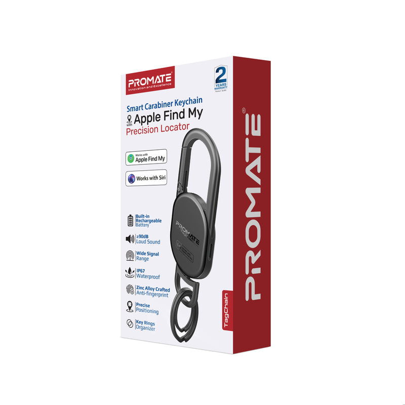 Promate Smart Carabiner Keychain w/ Apple Find My Precision Locator,Rechargeable Battery,Black