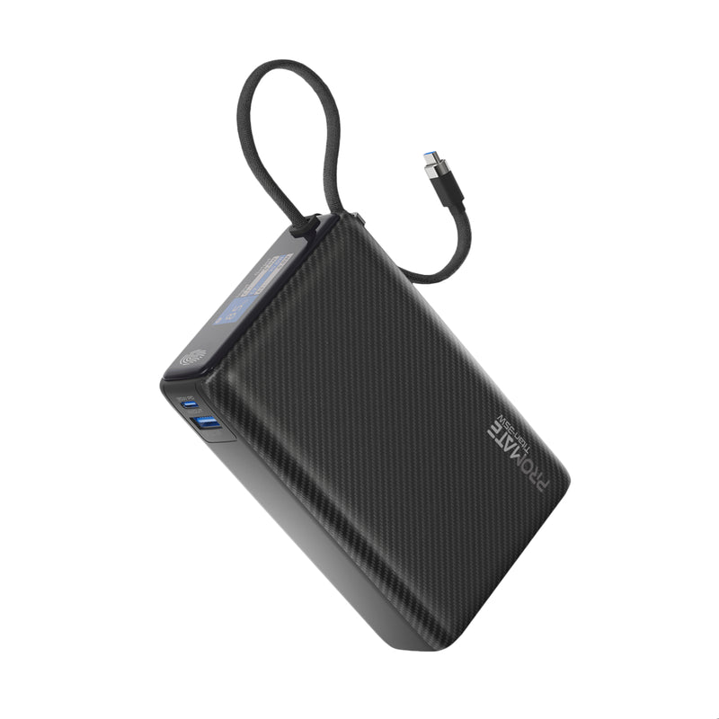 Promate 35W SuperSpeed™ Power Bank with Built-in USB-C Cable & TFT Screen,Black