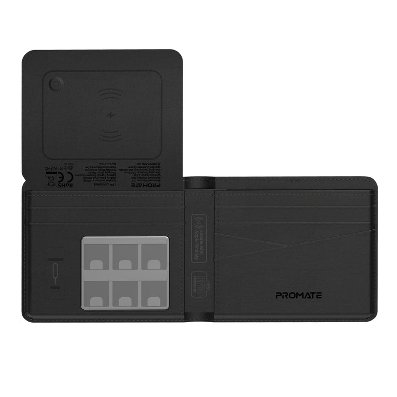 Promate Anti-Loss Slim Leather Wallet with RFID Protection & Smart Tracking , RFID Protected,Black