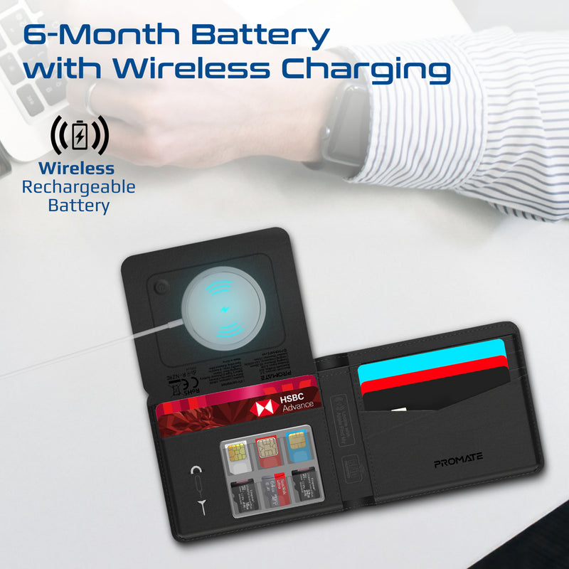 Promate Anti-Loss Slim Leather Wallet with RFID Protection & Smart Tracking , RFID Protected,Black