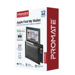 Promate Anti-Loss Slim Leather Wallet with RFID Protection & Smart Tracking , RFID Protected,Black