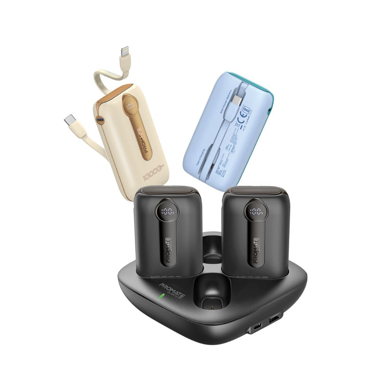 Promate 4-Piece 10000mAh Power Bank Charging Kit w/ Built-in USB-C & Lightning Cables ,BLACK