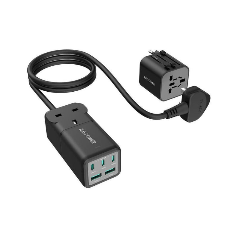 RP-PC1062  75W Power Strip 5-Port with AC outlets UK plug + Travel charger adapter Offline Black