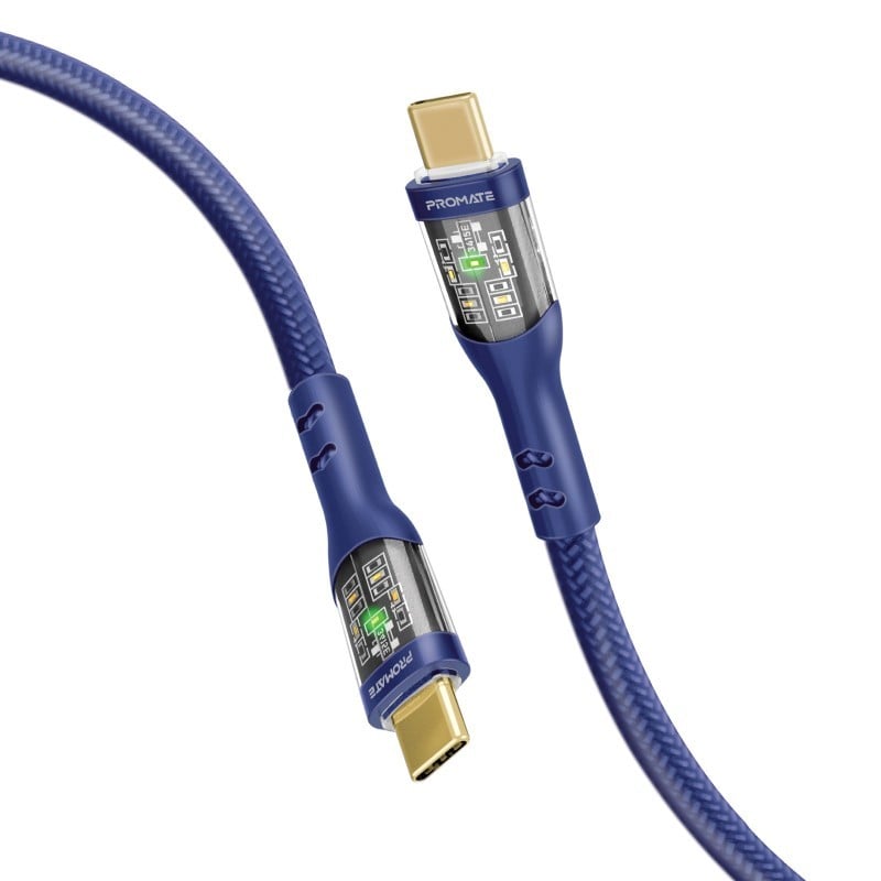 Promate 60W Power Delivery Ultra-Fast USB-C Cable with Transparent Shells,NAVY